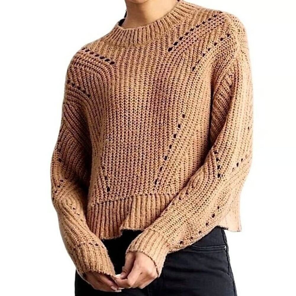 Elizabeth And James Stretch Crew Neck‎ Ribbed Open Knit Pullover Sweater Tan XL